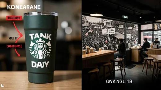 A Starbucks Korea promotional image showing a tank-shaped tumbler with the text Tank Day and May 18 date, controversy overlays, split screen showing Gwangju Uprising historical imagery versus modern coffee shop, dramatic lighting