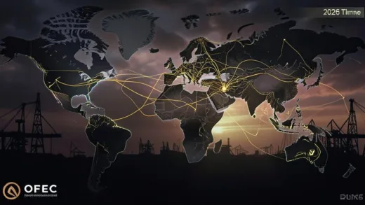 A stylized world map showing oil tanker routes, with UAE highlighted in gold and OPEC logo fading away, dramatic lighting with oil rig silhouettes in the background, infographic style, 2026 timeline annotation