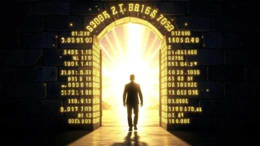A symbolic image of a gate or a threshold made of glowing numbers, with a person stepping through it towards a brighter future.