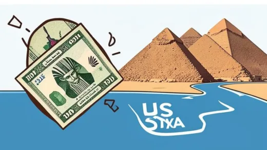 A symbolic image showing Egyptian currency (pound) struggling against a strong US dollar, with an outline of the Suez Canal and pyramids in the background, representing economic challenges.