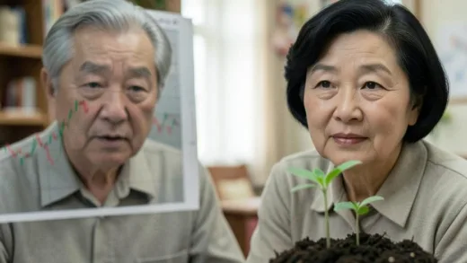 A thoughtful 50s person looking at a complex financial chart with a small, hopeful seedling growing in the foreground, representing entrepreneurship. The background is a bit blurry, suggesting uncertainty. Realistic, Korean setting.