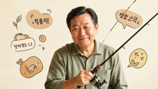 A thoughtful middle-aged Korean man, looking slightly wistful but with a subtle smile, holding a fishing rod, surrounded by abstract representations of praise and simple pleasures. The scene should be modern and slightly melancholic, in a warm, friendly style.