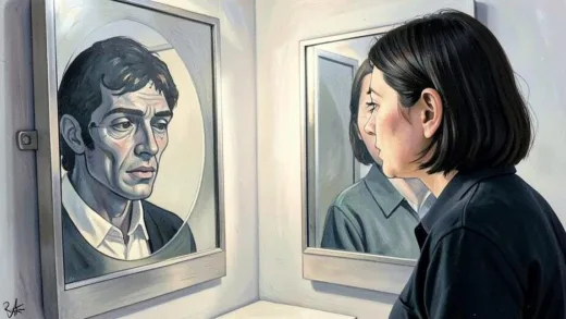 A thoughtful person looking into a mirror, seeing a distorted reflection, symbolizing the true and false self, in a modern, psychological art style.