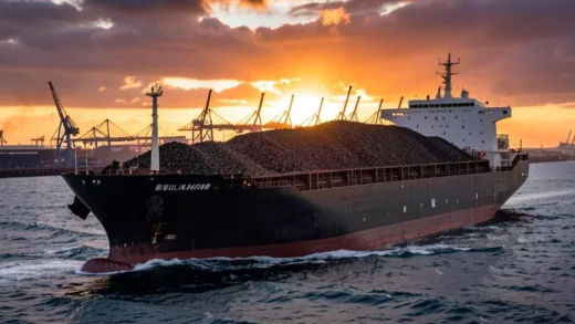 A vast cargo ship, a "bulker," with its holds open, being loaded with a massive amount of iron ore or coal, with a dramatic sunrise in the background over a busy port. The sea is slightly rough, indicating a powerful journey.