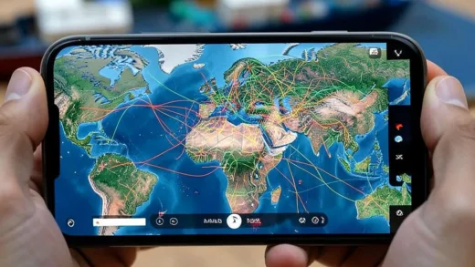 A vast, complex global energy map with lines connecting Middle East to Asian countries, highlighting shipping routes and oil tankers, seen through the lens of a mobile phone screen in a user's hand, illustrating a major shift in global energy.