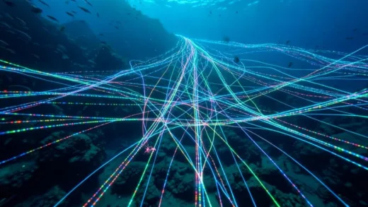 A vast, intricate network of glowing fiber optic cables stretching across the deep ocean floor, connecting continents, with digital data streams flowing visibly through them, seen from an underwater perspective.