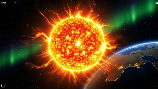 A vibrant, dynamic image of the Sun showing solar flares, prominences, and the corona, as if seen by the Parker Solar Probe, with Earth's aurora in the background. Scientific, awe-inspiring, high-resolution.