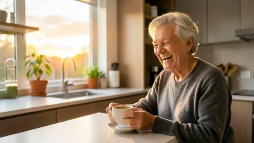 A vibrant, energetic older adult enjoying a cup of coffee in a modern kitchen with a focus on health and vitality, sunrise through the window.