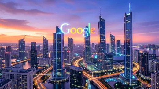 A vibrant, futuristic cityscape at dawn, with Google's logo subtly integrated into the skyline, symbolizing a major comeback and success. The city reflects innovation and growth and a strong financial market.