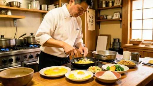 A vibrant Japanese kitchen scene, a chef is carefully preparing a variety of egg dishes, including omelet rice and tamagoyaki. The atmosphere is warm and inviting, with traditional Japanese culinary tools visible.