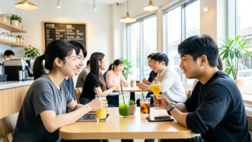 A vibrant, modern cafe scene with young Korean adults in their 20s enjoying non-alcoholic drinks and deep conversations, bright lighting, mobile-optimized, clean aesthetic.