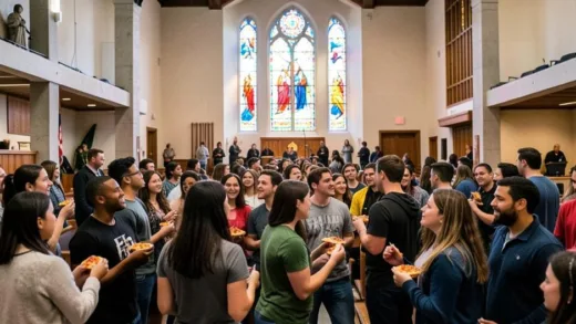 A vibrant, modern church interior in New York City, filled with diverse young adults actively participating in a lively Sunday gathering, some holding pizza slices, with a subtle glow of stained glass. The atmosphere is energetic and welcoming, depicting a contemporary religious community.