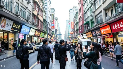 A vibrant, modern street scene in Shanghai with fashionable young people taking photos, reflecting a trendy and lively atmosphere, suitable for a 2026 travel blog.
