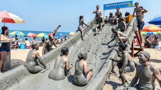 A vibrant summer scene at Boryeong Mud Festival with people covered in gray mud laughing and playing on a large mud slide, sunny beach background with colorful umbrellas, high energy atmosphere, 4K realistic photography style