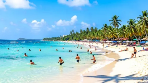 A vibrant, sunny beach in the Dominican Republic with tourists enjoying water sports and relaxing under palm trees, showing the beauty of its natural landscape.