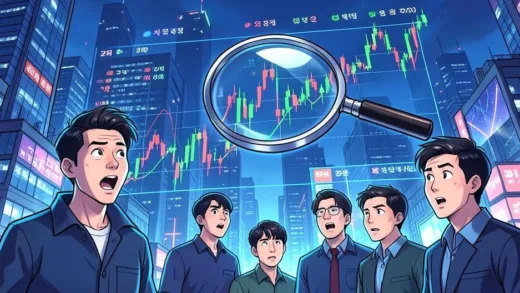 A vibrant, upward-trending stock market chart with Korean stock symbols, a magnifying glass hovering over it, and people looking at it with mixed expressions of excitement and caution, set against a futuristic cityscape, digital art.