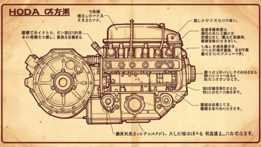 A vintage Honda CVCC engine cutaway diagram, technical blueprint style, with Japanese text annotations, warm retro tones, 1970s aesthetic, detailed mechanical illustration