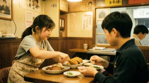A vintage Korean restaurant from the 1980s or 1990s, warm lighting, a young girl with an apron serving tonkatsu to a teenager, nostalgic and slightly blurry effect, warm color palette.