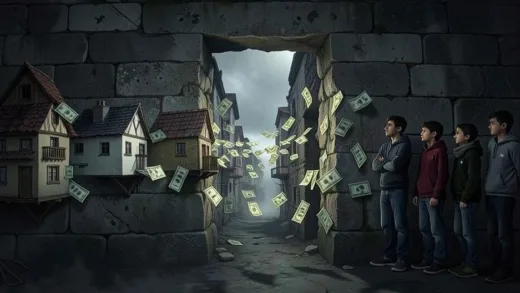 A visual metaphor of a bottleneck where assets (houses, money) are flowing slowly through a narrow opening from one generation to another, while young people stand by waiting. The atmosphere is tense.