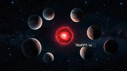 A vivid illustration of the TRAPPIST-1 system with a small red dwarf star in the center, seven rocky planets orbiting closely, with TRAPPIST-1e highlighted and labeled in the habitable zone, deep space background with stars, cinematic lighting
