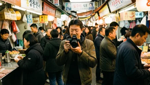 A VJ with a camera, surrounded by diverse people in an everyday Korean market, capturing authentic moments, warm lighting, documentary style, 2026.