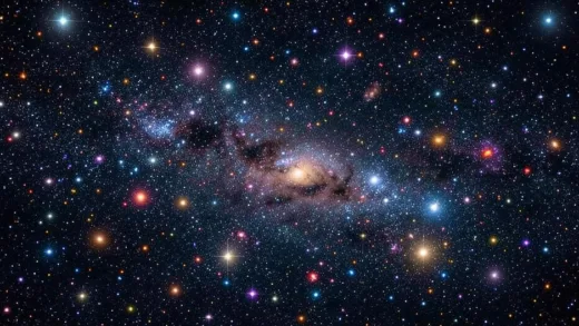 A wide shot of a fantastical galaxy filled with stars of various colors and sizes, some glowing brightly, others subtly, conveying a sense of wonder and mystery in space, cinematic.