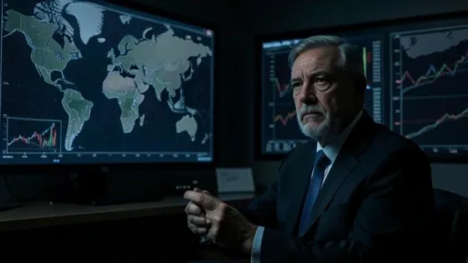 A wise financial expert, Scott Bessent, in a dimly lit, serious situation room, looking at world maps and financial charts. A subtle glow emanates from the charts, symbolizing his quiet yet impactful work amidst global turmoil. The atmosphere is tense but focused, 2026.