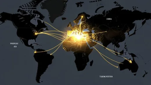A world map showing oil and gas pipeline routes converging on China from Russia and Turkmenistan, with China glowing in gold while other regions are in shadow, strategic energy flow visualization