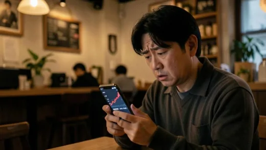 A worried Korean small business owner looking at a rising red interest rate graph on a smartphone, cafe interior background, realistic photography style, warm but tense lighting, 2026 Korea setting