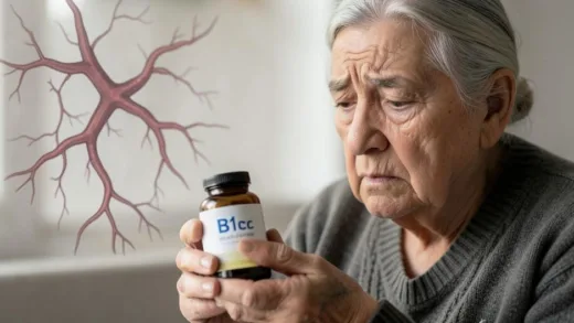 A worried older person looking at a bottle of vitamin B12, with a subtle illustration of damaged blood vessels in the background, realistic style, soft lighting.