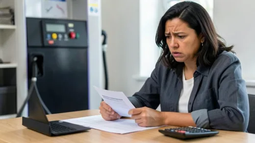 A worried small business owner looking at a document about government support, a fuel pump in the background, a calculator on the table, realistic, detailed.