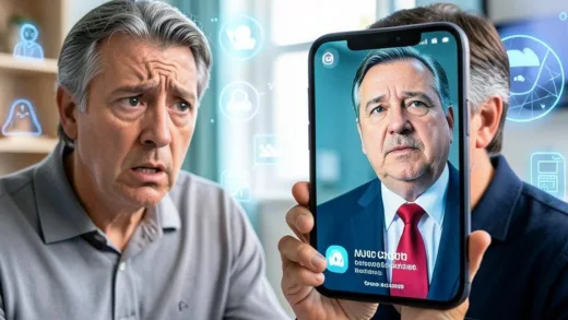 A worried voter looking at a screen displaying a deepfake political candidate, with AI icons in the background, realistic style, mobile optimized, bright colors.