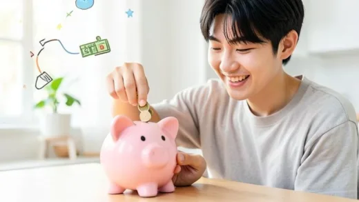A young Korean person happily putting coins into a piggy bank, with a bright future financial outlook.