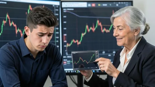 A young male investor looking stressed and confused in front of multiple stock charts, contrasting with a calm, smiling older female investor confidently checking a single, steadily rising chart. Realistic, focus on emotional contrast.
