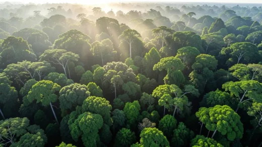 Aerial view of Amazon rainforest canopy with thick green foliage, sunlight breaking through morning mist, realistic nature photography style
