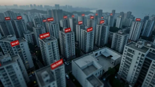 Aerial view of Seoul cityscape with apartment buildings in soft focus, red 'sold out' or 'no listing' signs appearing over buildings, empty real estate office interior, realistic photographic style with moody lighting