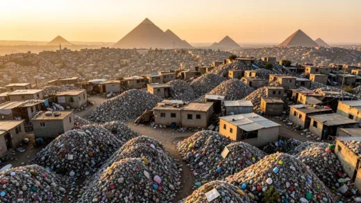 Aerial wide shot of Manshiyat Naser slum on Mokattam hills in Cairo, Egypt, with massive piles of garbage and makeshift houses, the Great Pyramids visible in the distant background, golden sunset lighting, documentary photography style.