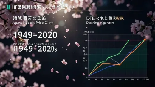 A对比infographic showing Japan's past Nobel prize glory (1949-2020s) vs declining STEM indicators, with cherry blossoms falling and a graph showing downward trend, cinematic lighting, professional data visualization style