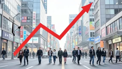 An abstract image of a K-shaped graph, with one upward trend line and one downward trend line, subtly showing two different groups of people moving in opposite economic directions in a modern Korean city context, with a sense of wonder and confusion.