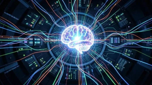 An advanced AI agent system with a glowing brain-like core, surrounded by a complex network of data streams and memory modules, symbolizing data storage and retrieval.
