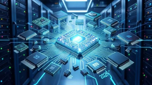 An advanced AI chip glowing with intricate circuits, surrounded by a diverse array of different types of semiconductor components (DRAM, HBM, CPU), illustrating the diversification of the semiconductor market in 2026. The background shows a futuristic data center.