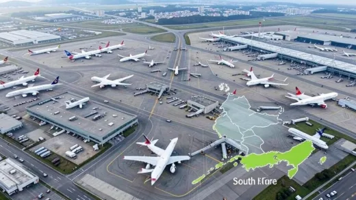 An aerial view of a bustling international airport with various airplanes, representing global aviation and the demand for fuel. A subtle map highlighting South Korea's importance in global fuel supply.