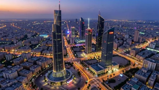 An aerial view of a bustling Middle Eastern city at dusk, with modern skyscrapers and vibrant lights, symbolizing economic power and change.
