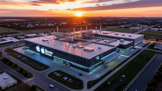 An aerial view of a futuristic semiconductor manufacturing plant in Texas at sunset, with a subtle Apple logo integrated into the architecture, symbolizing potential collaboration between Apple and Samsung.