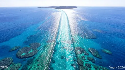 An aerial view of the Red Sea, showing its long, narrow shape between the African and Arabian peninsulas, with vibrant coral reefs visible beneath the clear water. Sunlight sparkles on the surface. Year 2026.