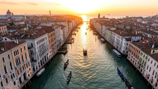An aerial view of Venice at sunset, showing the Grand Canal winding through historic buildings, with gondolas and vaporetto boats on the water, reflecting the golden light.