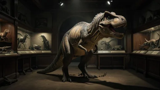 An artistic representation of a Tyrannosaurus Rex in its earliest, incorrect reconstruction, standing awkwardly upright like a kangaroo, dragging its tail on the ground, in a dimly lit, old-fashioned natural history museum diorama.
