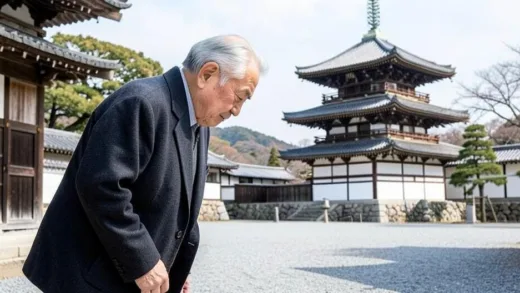 An elderly Japanese man respectfully bowing towards a distant imperial palace, symbolizing the reverence for the Emperor in modern Japan. The image should convey a sense of tradition and deep-rooted cultural belief.