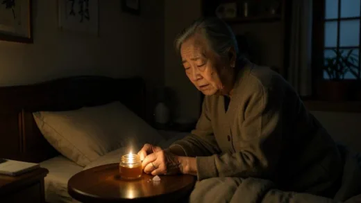 An elderly Korean grandmother is gently waking up in her cozy, dimly lit bedroom, looking slightly distressed but with a glimmer of hope as a subtle glow emanates from a small jar of honey and a pinch of salt on her bedside table. The room has traditional Korean decor elements.