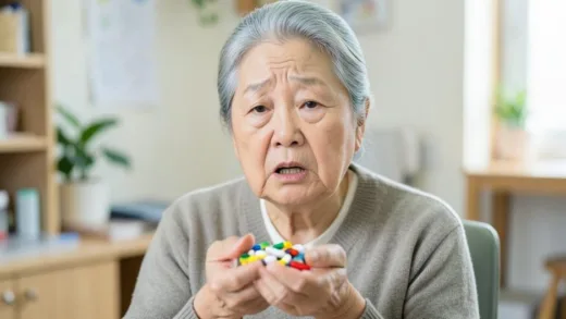 An elderly Korean woman with a concerned expression, holding a handful of colorful supplement pills, in a soft-focus setting that suggests a home or clinic.